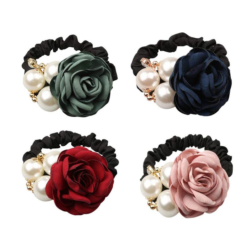 LOVEF 4Pcs Korean Fashion Pearl Hair Rope Rose Flower Rhinestone Hair Ties/ Jewelry Rubber Band - Image 1